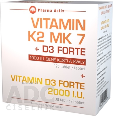 ADITIVA CZ, s.r.o. Pharma Activ Vitamín K2 MK 7 + D3 FORTE 1000 I.U. tbl 125 ks + Vitamín D3 Forte 2000 I.U. tbl 30 ks, 1x1 set